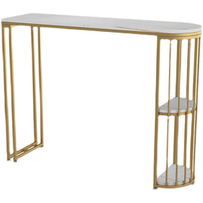 Glam Style Bar Table 42-inch Height Stone Top and Metal Base Bistro Storage Table White-Gold Without Chairs Clearhalo 'Bar Furniture' 'Bar Tables' 'bar_tables' 'furn' 'furn_bar_tables' 'Furniture' 'furniture_bar_tables' 'Kitchen & Dining Furniture' 'kitchen&dining_furn' 'kitchen' 4381157