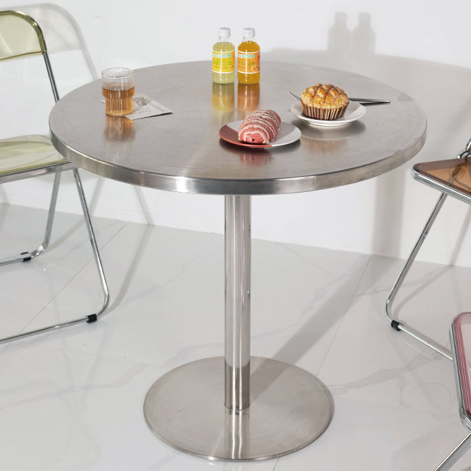 Metal Contemporary Sliver Dining Table Stainless Steel Dining Table with Pedestal Base Round 31.5"L x 31.5"W x 29.5"H Without Chairs Clearhalo ' dining_table' 'Dining Tables & Seating' 'Dining Tables' 'furn' 'furn_dining_table' 'Furniture' 'furniture_dining_table' 'Kitchen & Dining Furniture' 'kitchen&dining_furn' 'kitchen' 'kitchen_dining_table' 4381207