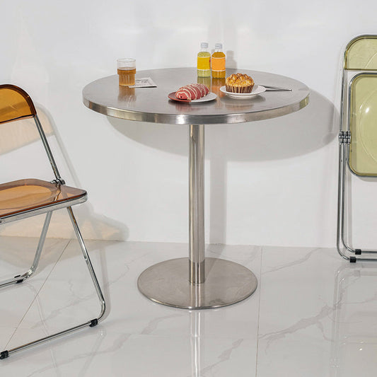 Metal Contemporary Sliver Dining Table Stainless Steel Dining Table with Pedestal Base Clearhalo ' dining_table' 'Dining Tables & Seating' 'Dining Tables' 'furn' 'furn_dining_table' 'Furniture' 'furniture_dining_table' 'Kitchen & Dining Furniture' 'kitchen&dining_furn' 'kitchen' 'kitchen_dining_table' 4381213
