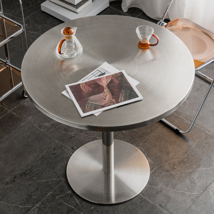 Metal Contemporary Sliver Dining Table Stainless Steel Dining Table with Pedestal Base Clearhalo ' dining_table' 'Dining Tables & Seating' 'Dining Tables' 'furn' 'furn_dining_table' 'Furniture' 'furniture_dining_table' 'Kitchen & Dining Furniture' 'kitchen&dining_furn' 'kitchen' 'kitchen_dining_table' 4381214
