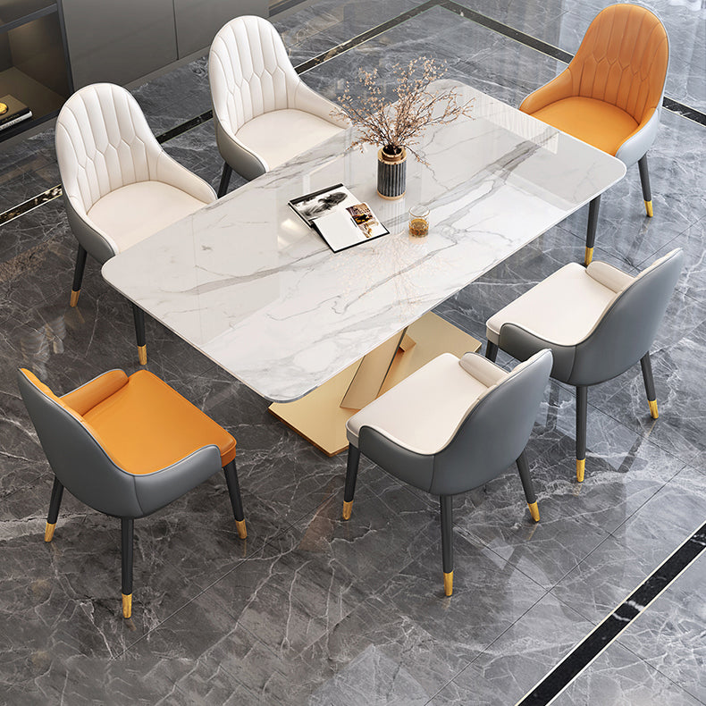Traditional Luxury Dining Table Rectangle Sintered Stone Table with Pedestal Base Gold 63"L x 35.4"W x 29.5"H Without Chairs Clearhalo ' dining_table' 'Dining Tables & Seating' 'Dining Tables' 'furn' 'furn_dining_table' 'Furniture' 'furniture_dining_table' 'Kitchen & Dining Furniture' 'kitchen&dining_furn' 'kitchen' 'kitchen_dining_table' 4381232