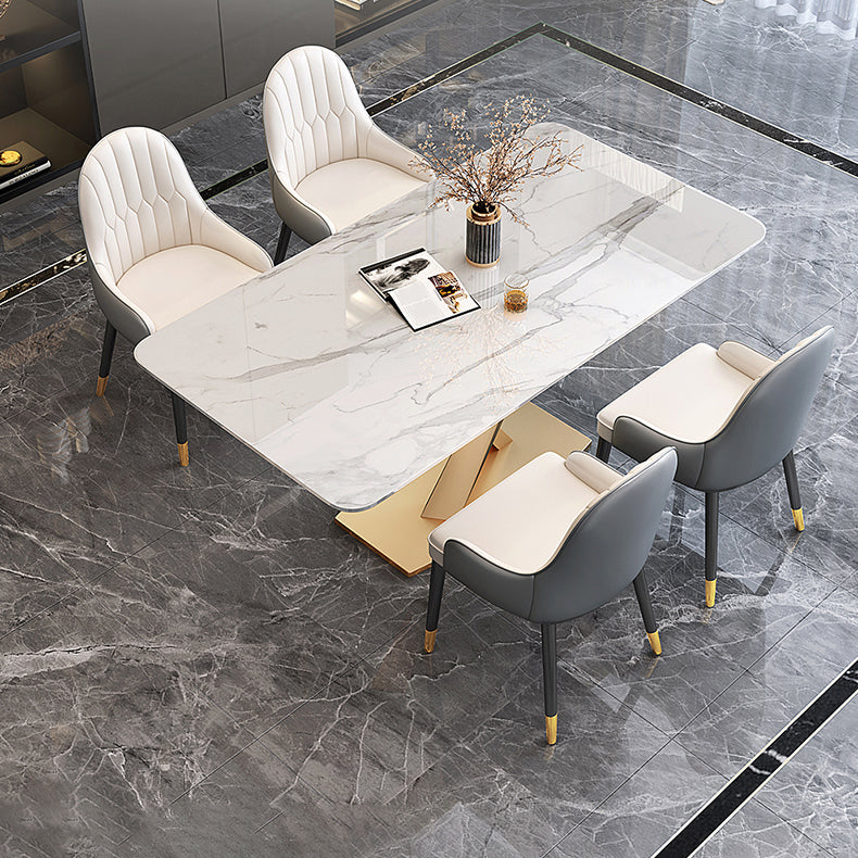 Traditional Luxury Dining Table Rectangle Sintered Stone Table with Pedestal Base Gold 55.1"L x 31.5"W x 29.5"H Without Chairs Clearhalo ' dining_table' 'Dining Tables & Seating' 'Dining Tables' 'furn' 'furn_dining_table' 'Furniture' 'furniture_dining_table' 'Kitchen & Dining Furniture' 'kitchen&dining_furn' 'kitchen' 'kitchen_dining_table' 4381234