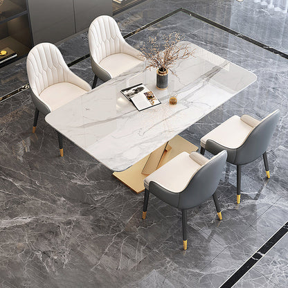 Traditional Luxury Dining Table Rectangle Sintered Stone Table with Pedestal Base Gold 55.1"L x 31.5"W x 29.5"H Without Chairs Clearhalo ' dining_table' 'Dining Tables & Seating' 'Dining Tables' 'furn' 'furn_dining_table' 'Furniture' 'furniture_dining_table' 'Kitchen & Dining Furniture' 'kitchen&dining_furn' 'kitchen' 'kitchen_dining_table' 4381234