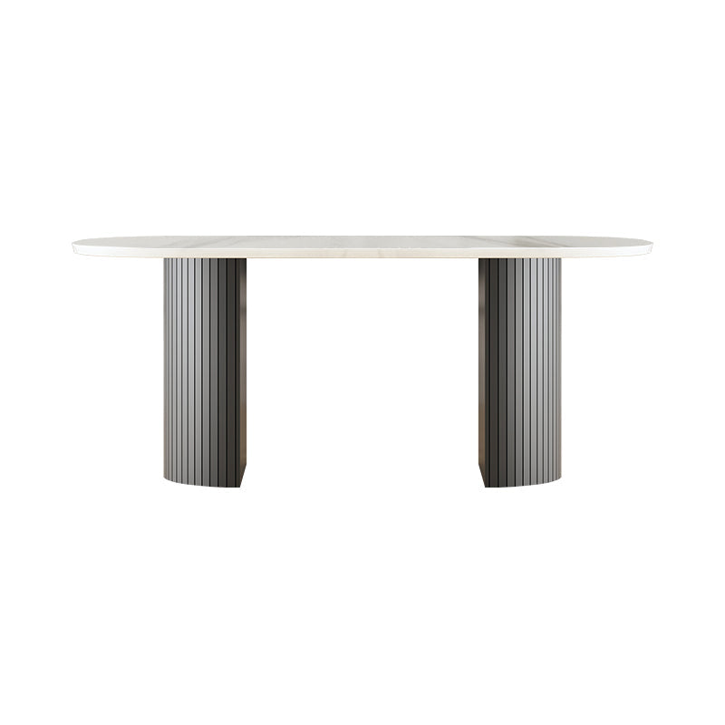 Solid Wood Contemporary Double Pedestal Dining Table Sintered Stone Table for Dining Room Oval White 70.9"L x 35.4"W x 29.5"H Clearhalo ' dining_table' 'Dining Tables & Seating' 'Dining Tables' 'furn' 'furn_dining_table' 'Furniture' 'furniture_dining_table' 'Kitchen & Dining Furniture' 'kitchen&dining_furn' 'kitchen' 'kitchen_dining_table' 4381293