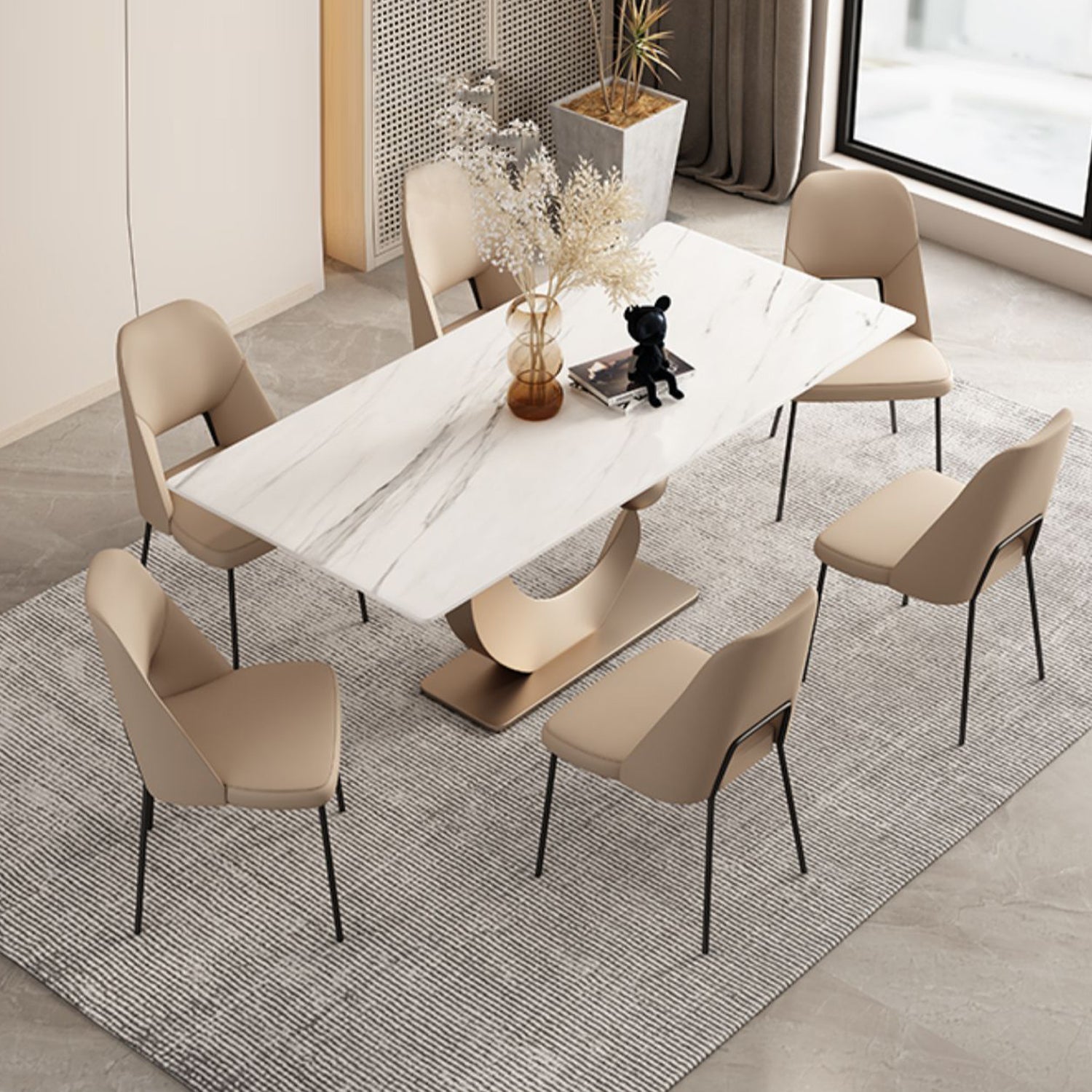 Nordic 1/3/4/6/7 Pieces Dining Set Sintered Stone Rectangle Table with Leather Chairs 7 Pieces: Table, 6 Chairs Clearhalo 'Dining Room Sets' 'Dining Tables & Seating' 'dining_room_set' 'furn' 'furn_dining_room_set' 'Furniture' 'furniture_dining_room_set' 'Kitchen & Dining Furniture' 'kitchen&dining_furn' 'kitchen' 4381480