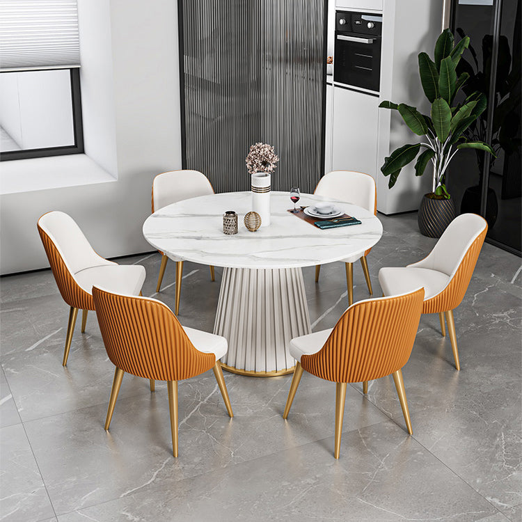 1/2/5/7 Pieces Modern Dining Set Sintered Stone Dining Furniture Set /Separate Items 7 Pieces: White Table, 6 Orange Chairs Clearhalo 'Dining Room Sets' 'Dining Tables & Seating' 'dining_room_set' 'furn' 'furn_dining_room_set' 'Furniture' 'furniture_dining_room_set' 'Kitchen & Dining Furniture' 'kitchen&dining_furn' 'kitchen' 4390749