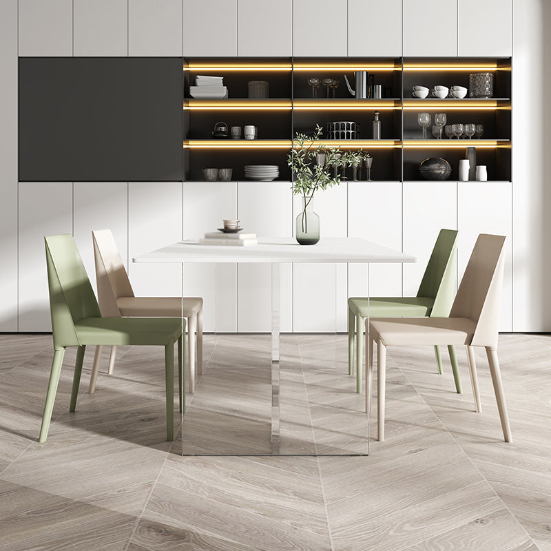 Modern 1/4/5/7 Pieces Dining Set Sintered Stone Dining Table Set with Leather Chairs 5 Pieces: Table, 2 White+2 Green Chairs Clearhalo 'Dining Room Sets' 'Dining Tables & Seating' 'dining_room_set' 'furn' 'furn_dining_room_set' 'Furniture' 'furniture_dining_room_set' 'Kitchen & Dining Furniture' 'kitchen&dining_furn' 'kitchen' 4391023