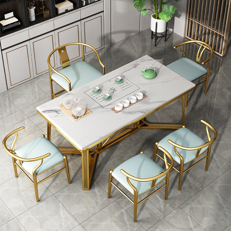 Metal Traditional Luxury Rectangle Table Sintered Stone Top Table with Trestle Base White 59.1"L x 31.5"W x 29.5"H Without Chairs Clearhalo ' dining_table' 'Dining Tables & Seating' 'Dining Tables' 'furn' 'furn_dining_table' 'Furniture' 'furniture_dining_table' 'Kitchen & Dining Furniture' 'kitchen&dining_furn' 'kitchen' 'kitchen_dining_table' 4391195