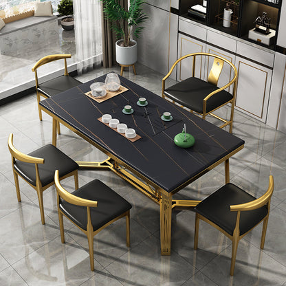 Metal Traditional Luxury Rectangle Table Sintered Stone Top Table with Trestle Base Black Without Chairs Clearhalo ' dining_table' 'Dining Tables & Seating' 'Dining Tables' 'furn' 'furn_dining_table' 'Furniture' 'furniture_dining_table' 'Kitchen & Dining Furniture' 'kitchen&dining_furn' 'kitchen' 'kitchen_dining_table' 4391196