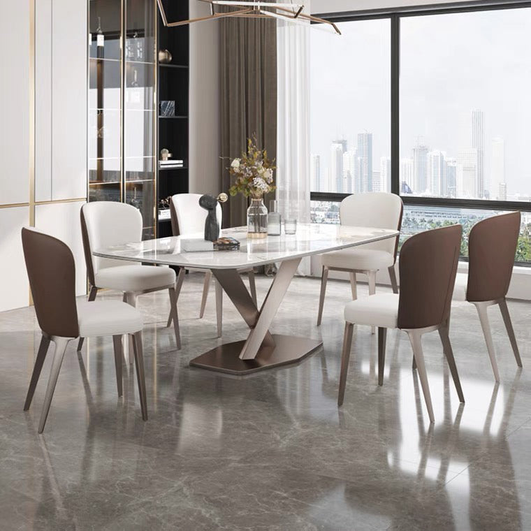 Stainless Steel Traditional Luxury Table Sintered Stone Table with Pedestal base 55.1"L x 31.5"W x 29.5"H Without Chairs Clearhalo ' dining_table' 'Dining Tables & Seating' 'Dining Tables' 'furn' 'furn_dining_table' 'Furniture' 'furniture_dining_table' 'Kitchen & Dining Furniture' 'kitchen&dining_furn' 'kitchen' 'kitchen_dining_table' 4391314