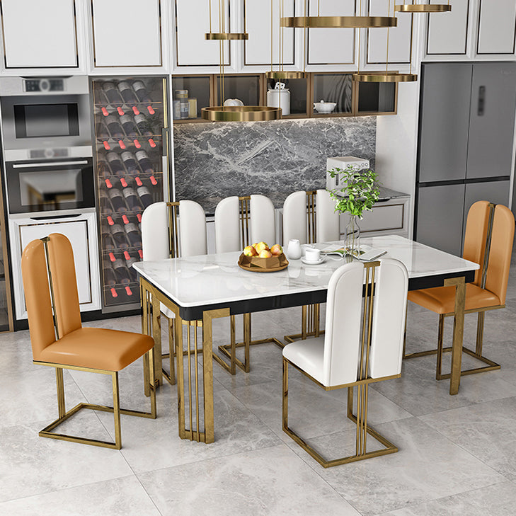 Modern 1/2/7/9 Pieces Dining Set Marble Dining Furniture Set /Separate Items 7 Pieces: White Table, 4 White and 2 Orange Chairs Clearhalo 'Dining Room Sets' 'Dining Tables & Seating' 'dining_room_set' 'furn' 'furn_dining_room_set' 'Furniture' 'furniture_dining_room_set' 'Kitchen & Dining Furniture' 'kitchen&dining_furn' 'kitchen' 4391895