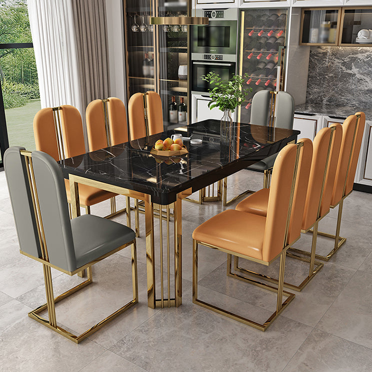 Modern 1/2/7/9 Pieces Dining Set Marble Dining Furniture Set /Separate Items 9 Pieces: Black Table, 6 Orange and 2 Grey Chairs Clearhalo 'Dining Room Sets' 'Dining Tables & Seating' 'dining_room_set' 'furn' 'furn_dining_room_set' 'Furniture' 'furniture_dining_room_set' 'Kitchen & Dining Furniture' 'kitchen&dining_furn' 'kitchen' 4391896