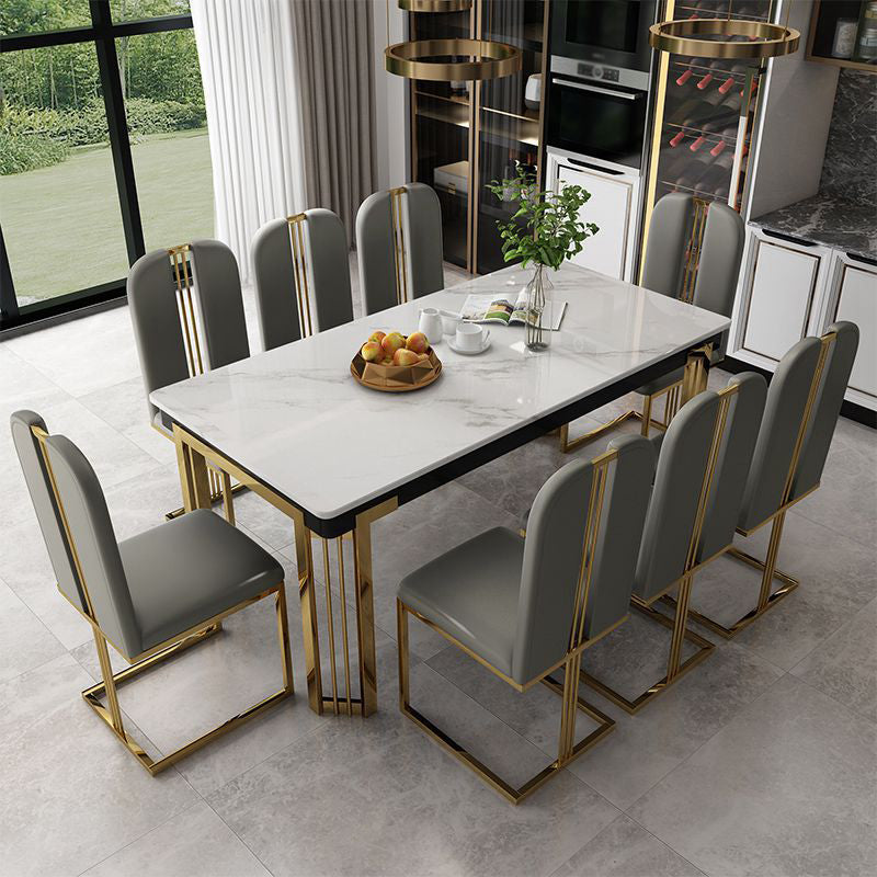 Modern 1/2/7/9 Pieces Dining Set Marble Dining Furniture Set /Separate Items 9 Pieces: White Table, 8 Grey Chairs Clearhalo 'Dining Room Sets' 'Dining Tables & Seating' 'dining_room_set' 'furn' 'furn_dining_room_set' 'Furniture' 'furniture_dining_room_set' 'Kitchen & Dining Furniture' 'kitchen&dining_furn' 'kitchen' 4391897