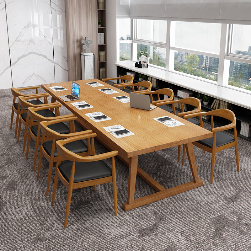 Solid Wood Contemporary Dining Table Rectangle Table with Trestle base 86.6"L x 35.4"W x 29.5"H Without Chairs Clearhalo ' dining_table' 'Dining Tables & Seating' 'Dining Tables' 'furn' 'furn_dining_table' 'Furniture' 'furniture_dining_table' 'Kitchen & Dining Furniture' 'kitchen&dining_furn' 'kitchen' 'kitchen_dining_table' 4391966