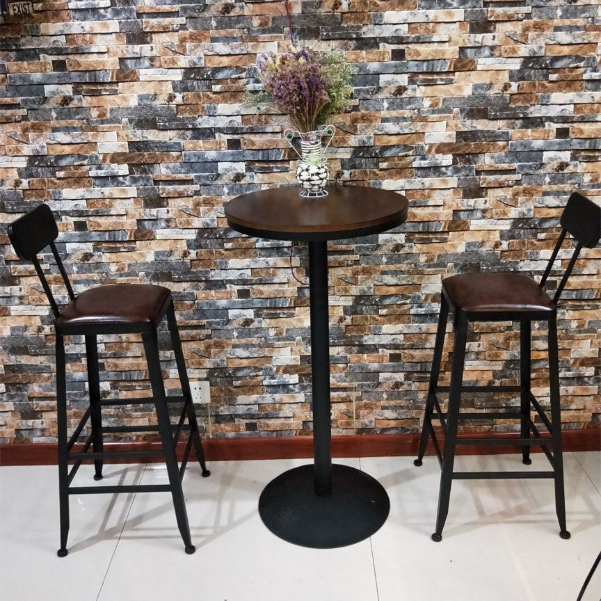 Industrial Style Black Iron Bar Table Brown Wood Top Bistro Table for Cafe 21.7"L x 21.7"W x 37.4"H Without Chairs Clearhalo 'Bar Furniture' 'Bar Tables' 'bar_tables' 'furn' 'furn_bar_tables' 'Furniture' 'furniture_bar_tables' 'Kitchen & Dining Furniture' 'kitchen&dining_furn' 'kitchen' 4393133