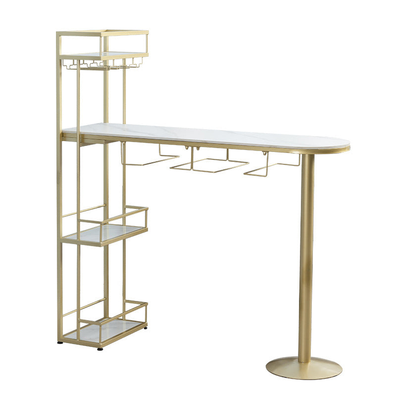 Glam White Stone Bistro Table Indoor Iron Double Pedestal Bar Dining Table with Wine Rack Gold Without Chairs Clearhalo 'Bar Furniture' 'Bar Tables' 'bar_tables' 'furn' 'furn_bar_tables' 'Furniture' 'furniture_bar_tables' 'Kitchen & Dining Furniture' 'kitchen&dining_furn' 'kitchen' 4393186