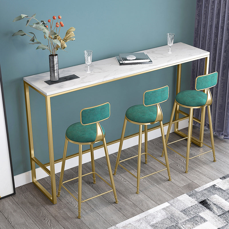 Modern Rectangle Bar Dining Table White Top Bar Height Table with Iron Base in Gold 102.4"L x 15.7"W x 41.3"H Without Chairs Clearhalo 'Bar Furniture' 'Bar Tables' 'bar_tables' 'furn' 'furn_bar_tables' 'Furniture' 'furniture_bar_tables' 'Kitchen & Dining Furniture' 'kitchen&dining_furn' 'kitchen' 4393202