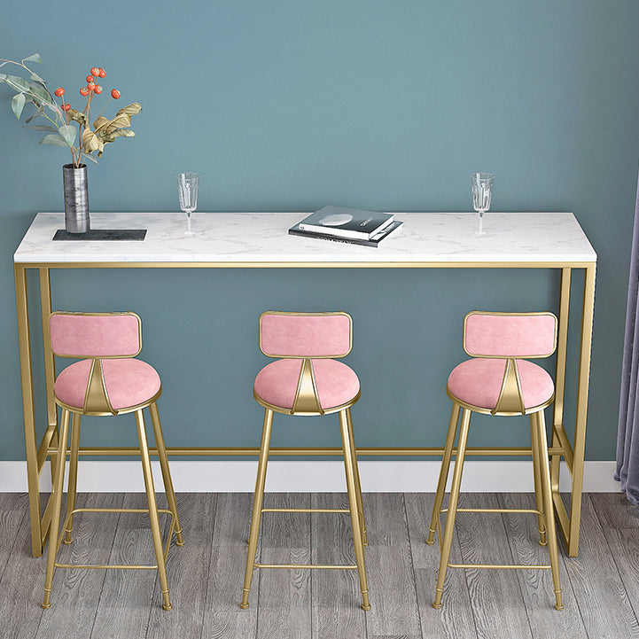 Modern Rectangle Bar Dining Table White Top Bar Height Table with Iron Base in Gold 94.5"L x 15.7"W x 41.3"H Without Chairs Clearhalo 'Bar Furniture' 'Bar Tables' 'bar_tables' 'furn' 'furn_bar_tables' 'Furniture' 'furniture_bar_tables' 'Kitchen & Dining Furniture' 'kitchen&dining_furn' 'kitchen' 4393203