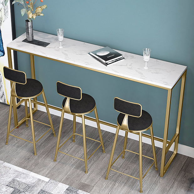 Modern Rectangle Bar Dining Table White Top Bar Height Table with Iron Base in Gold Clearhalo 'Bar Furniture' 'Bar Tables' 'bar_tables' 'furn' 'furn_bar_tables' 'Furniture' 'furniture_bar_tables' 'Kitchen & Dining Furniture' 'kitchen&dining_furn' 'kitchen' 4393208