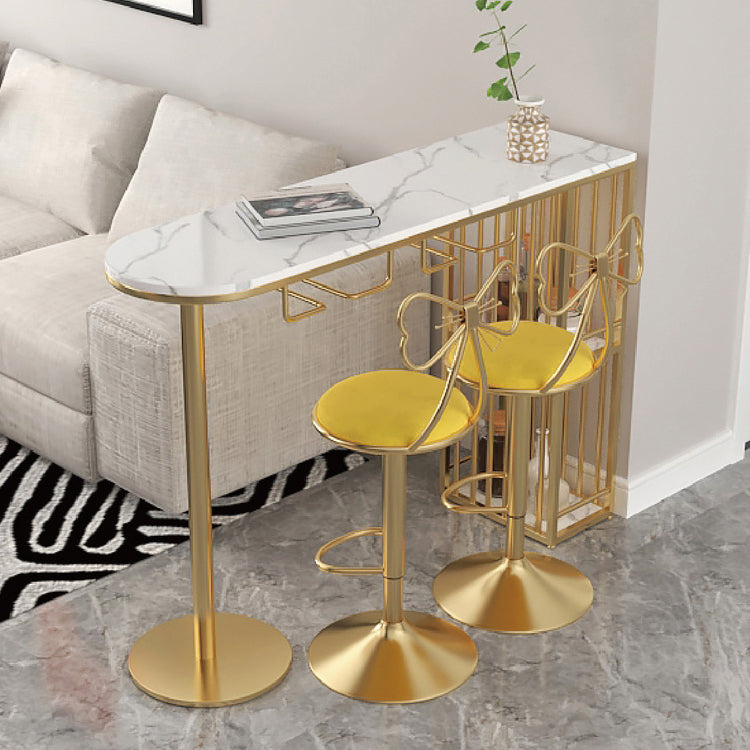 Glam White Faux Marble Pub Bar Table Iron Double Pedestal Bar Dining Table with 2-Shelf 70.9"L x 15.7"W x 41.3"H Without Chairs Clearhalo 'Bar Furniture' 'Bar Tables' 'bar_tables' 'furn' 'furn_bar_tables' 'Furniture' 'furniture_bar_tables' 'Kitchen & Dining Furniture' 'kitchen&dining_furn' 'kitchen' 4393220