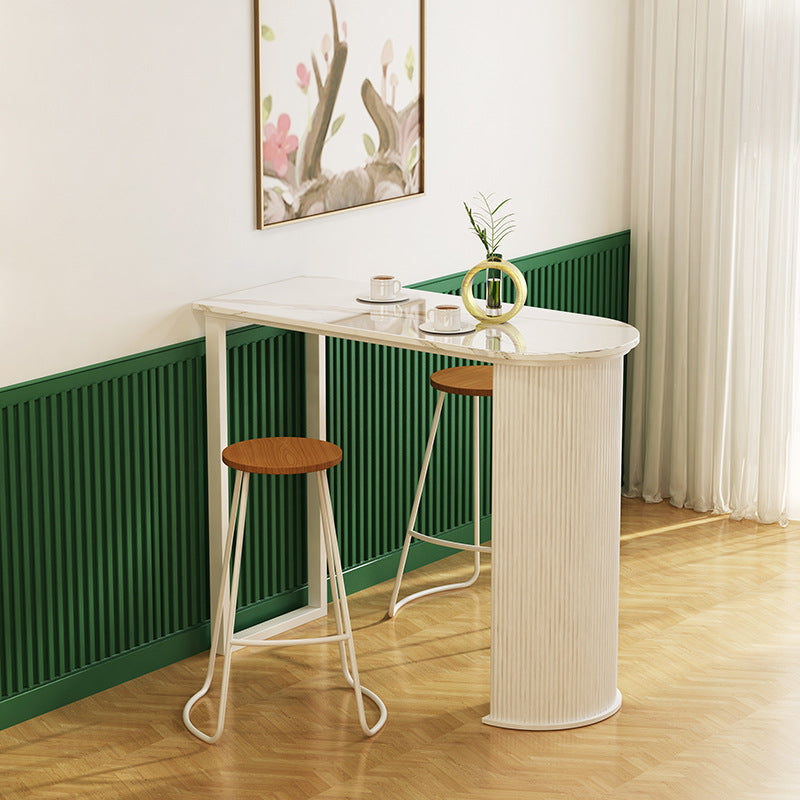 Industrial White Stone Pub Bar Table Indoor Steel Bar Dining Table with Double Pedestal 55.1"L x 19.7"W x 40.6"H Without Chairs Clearhalo 'Bar Furniture' 'Bar Tables' 'bar_tables' 'furn' 'furn_bar_tables' 'Furniture' 'furniture_bar_tables' 'Kitchen & Dining Furniture' 4393265