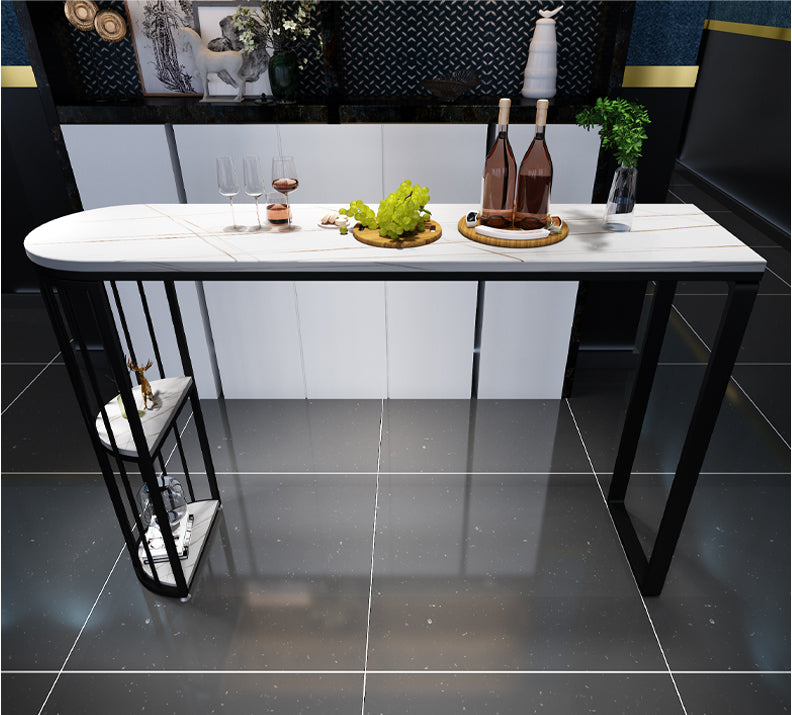 Glam White Stone Bistro Table Indoor Iron Double Pedestal Bar Dining Table with 2-Shelf Clearhalo 'Bar Furniture' 'Bar Tables' 'bar_tables' 'furn' 'furn_bar_tables' 'Furniture' 'furniture_bar_tables' 'Kitchen & Dining Furniture' 4393288