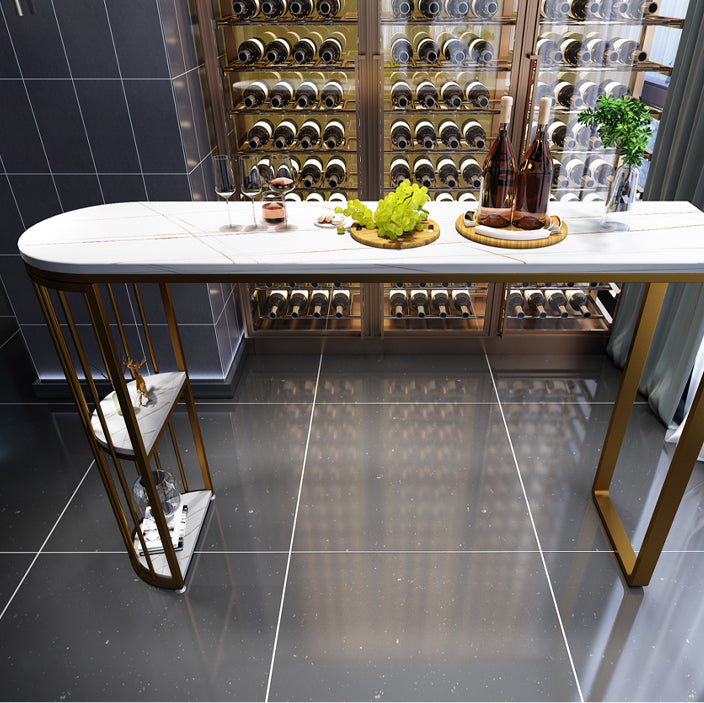 Glam White Stone Bistro Table Indoor Iron Double Pedestal Bar Dining Table with 2-Shelf Gold Without Chairs Clearhalo 'Bar Furniture' 'Bar Tables' 'bar_tables' 'furn' 'furn_bar_tables' 'Furniture' 'furniture_bar_tables' 'Kitchen & Dining Furniture' 4393290