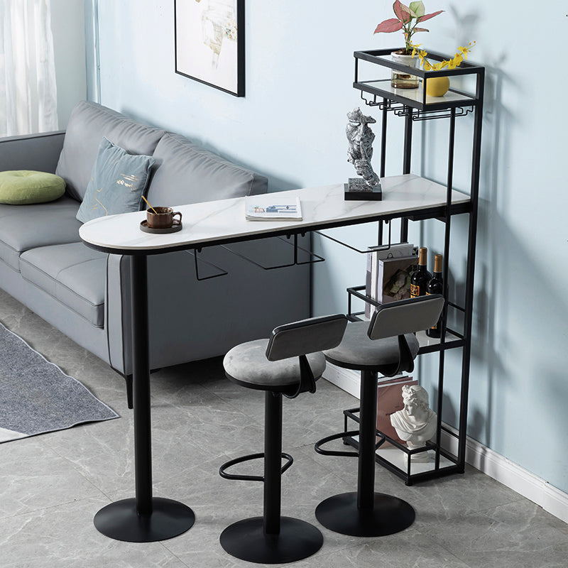 Glam Iron Bar Table Faux Marble White Top 41.3"H Bistro Table with Wine Rack 70.9"L x 15.7"W x 41.3"H Black Without Chairs Clearhalo 'Bar Furniture' 'Bar Tables' 'bar_tables' 'furn' 'furn_bar_tables' 'Furniture' 'furniture_bar_tables' 'Kitchen & Dining Furniture' 4393311