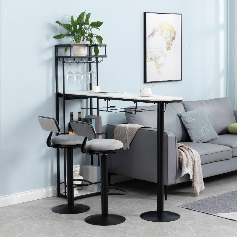 Glam Iron Bar Table Faux Marble White Top 41.3"H Bistro Table with Wine Rack 55.1"L x 15.7"W x 41.3"H Black Without Chairs Clearhalo 'Bar Furniture' 'Bar Tables' 'bar_tables' 'furn' 'furn_bar_tables' 'Furniture' 'furniture_bar_tables' 'Kitchen & Dining Furniture' 4393315