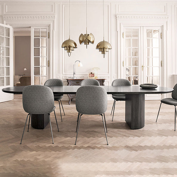 Oval Modern Dining Table Black Fixed Table with Double Pedestal Base 86.6"L x 35.4"W x 29.5"H Without Chairs Clearhalo ' dining_table' 'Dining Tables & Seating' 'Dining Tables' 'furn' 'furn_dining_table' 'Furniture' 'furniture_dining_table' 'Kitchen & Dining Furniture' 'kitchen&dining_furn' 'kitchen' 'kitchen_dining_table' 4400379