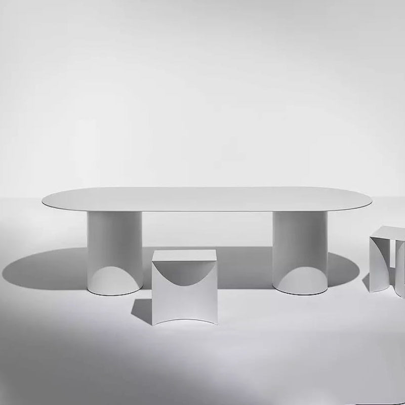 Oval Modern Dining Table Solid Wood Fixed Table with Double Pedestal Base White Without Chairs Clearhalo ' dining_table' 'Dining Tables & Seating' 'Dining Tables' 'furn' 'furn_dining_table' 'Furniture' 'furniture_dining_table' 'Kitchen & Dining Furniture' 'kitchen&dining_furn' 'kitchen' 'kitchen_dining_table' 4400408