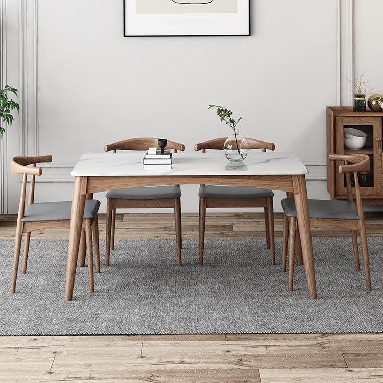 Medieval Modern Sintered Stone Table Kitchen Rectangle White Top Table with 4 Wood Legs 55.1"L x 31.5"W x 29.5"H Without Chairs Clearhalo ' dining_table' 'Dining Tables & Seating' 'Dining Tables' 'furn' 'furn_dining_table' 'Furniture' 'furniture_dining_table' 'Kitchen & Dining Furniture' 'kitchen&dining_furn' 'kitchen' 'kitchen_dining_table' 4400473