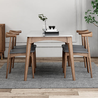 Medieval Modern Sintered Stone Table Kitchen Rectangle White Top Table with 4 Wood Legs 47.2"L x 27.6"W x 29.5"H Without Chairs Clearhalo ' dining_table' 'Dining Tables & Seating' 'Dining Tables' 'furn' 'furn_dining_table' 'Furniture' 'furniture_dining_table' 'Kitchen & Dining Furniture' 'kitchen&dining_furn' 'kitchen' 'kitchen_dining_table' 4400474
