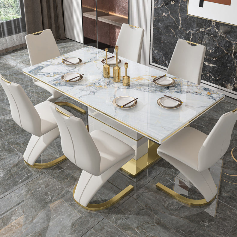 Luxury Sintered Stone Top Dining Table White Rectangle Table with Metal Pedestal Base 63"L x 35.4"W x 29.5"H Without Chairs Clearhalo ' dining_table' 'Dining Tables & Seating' 'Dining Tables' 'furn' 'furn_dining_table' 'Furniture' 'furniture_dining_table' 'Kitchen & Dining Furniture' 'kitchen&dining_furn' 'kitchen' 'kitchen_dining_table' 4400516