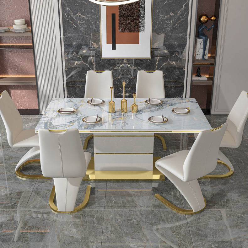 Luxury Sintered Stone Top Dining Table White Rectangle Table with Metal Pedestal Base Clearhalo ' dining_table' 'Dining Tables & Seating' 'Dining Tables' 'furn' 'furn_dining_table' 'Furniture' 'furniture_dining_table' 'Kitchen & Dining Furniture' 'kitchen&dining_furn' 'kitchen' 'kitchen_dining_table' 4400519