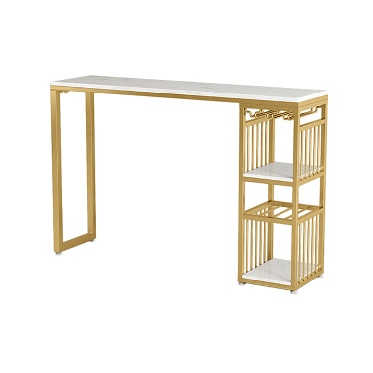 Modern Rectangle Bar Dining Table with Shelves Bar Height Pub Table with Iron Base White-Gold Without Chairs Clearhalo 'Bar Furniture' 'Bar Tables' 'bar_tables' 'furn' 'furn_bar_tables' 'Furniture' 'furniture_bar_tables' 'Kitchen & Dining Furniture' 4401233