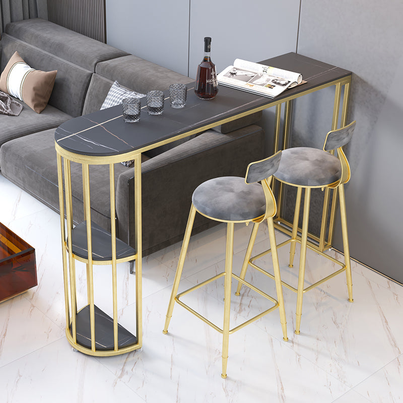 Gorgeous Bar Table Stone Top Gold Base Pub Table with Shelf for Living Room, Only Table 63"L x 15.7"W x 41.3"H Black Without Chairs Clearhalo 'Bar Furniture' 'Bar Tables' 'bar_tables' 'furn' 'furn_bar_tables' 'Furniture' 'furniture_bar_tables' 'Kitchen & Dining Furniture' 4401297