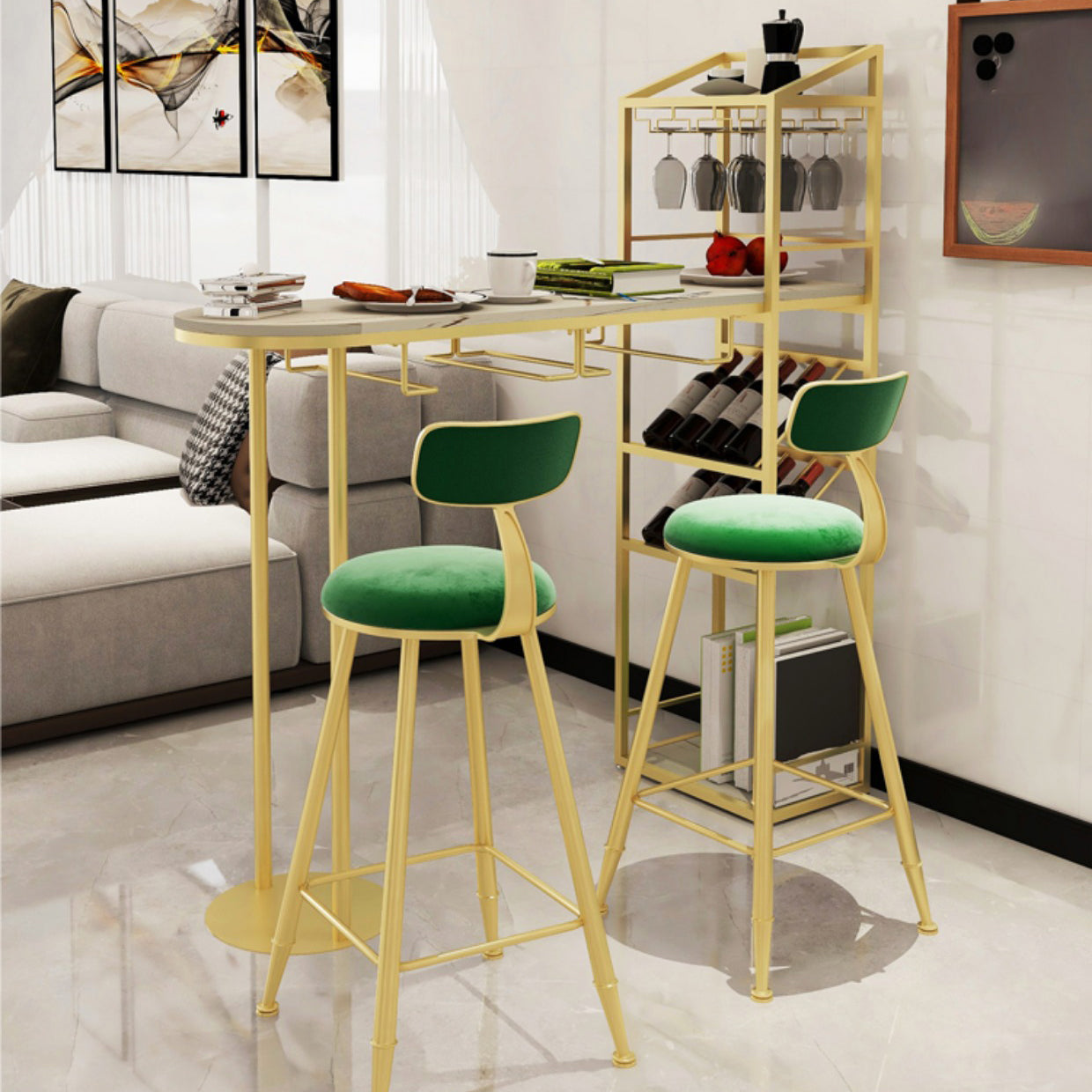 Glam Style Bar Table Stone Top Pub Table with Wine Cabinet for Dining Room Clearhalo 'Bar Furniture' 'Bar Tables' 'bar_tables' 'furn' 'furn_bar_tables' 'Furniture' 'furniture_bar_tables' 'Kitchen & Dining Furniture' 4401373