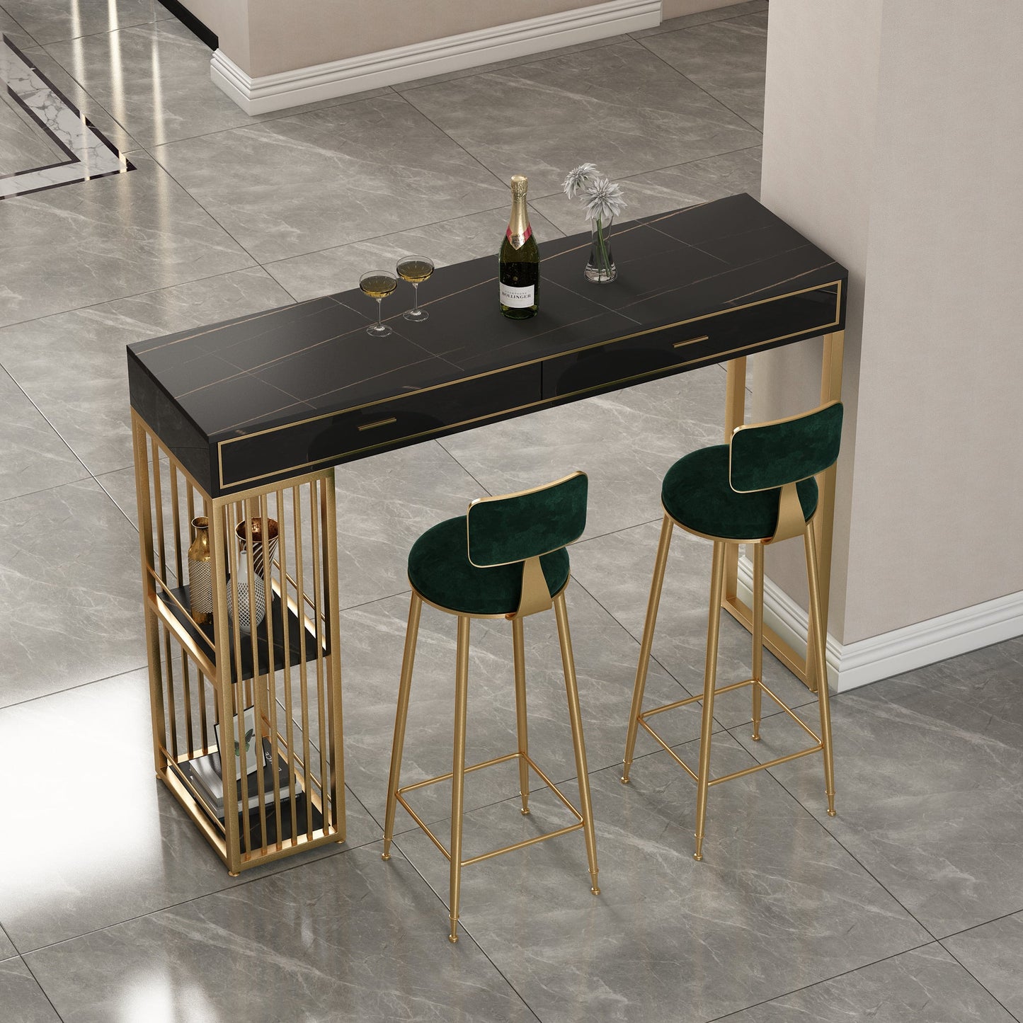 Nordic Style Storage Bar Table Stone Top Pub Table with 2 Drawers, Only Table Black Without Chairs Clearhalo 'Bar Furniture' 'Bar Tables' 'bar_tables' 'furn' 'furn_bar_tables' 'Furniture' 'furniture_bar_tables' 'Kitchen & Dining Furniture' 4401430