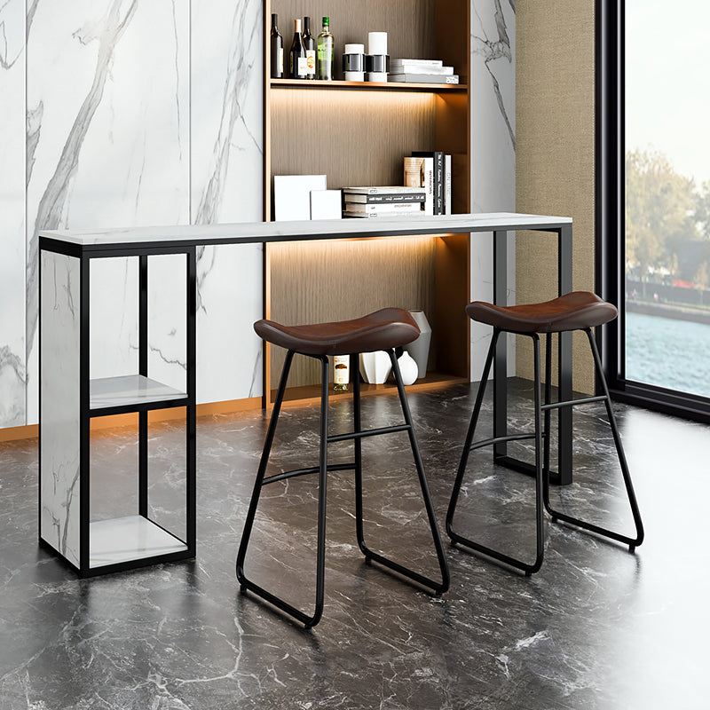 Glam Rectangle Faux Marble Bar Table Double Pedestal Bar Table with 2-Shelf, Only Table Black Without Chairs Clearhalo 'Bar Furniture' 'Bar Tables' 'bar_tables' 'furn' 'furn_bar_tables' 'Furniture' 'furniture_bar_tables' 'Kitchen & Dining Furniture' 4401509