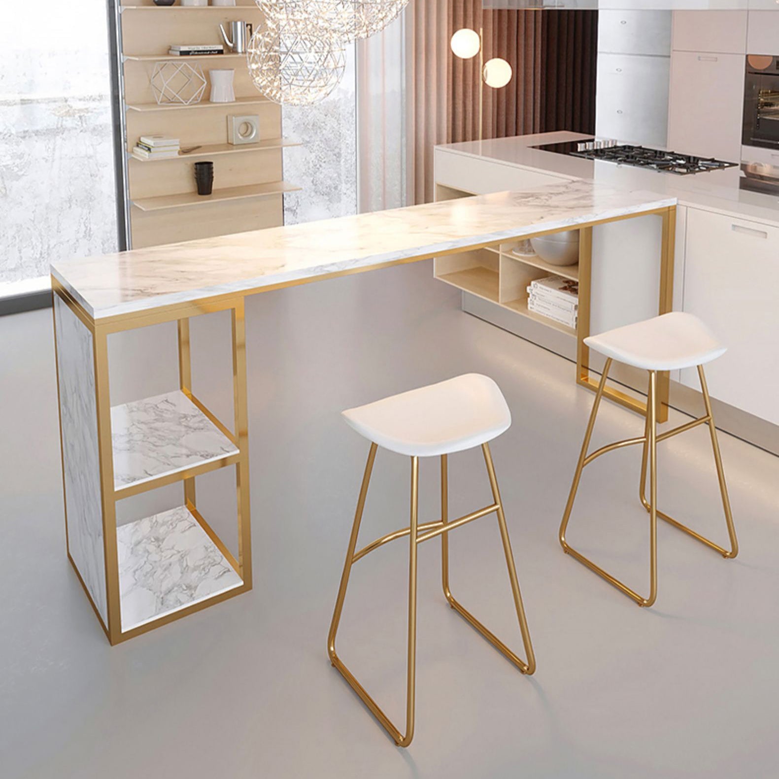 Glam Rectangle Faux Marble Bar Table Double Pedestal Bar Table with 2-Shelf, Only Table Clearhalo 'Bar Furniture' 'Bar Tables' 'bar_tables' 'furn' 'furn_bar_tables' 'Furniture' 'furniture_bar_tables' 'Kitchen & Dining Furniture' 4401516