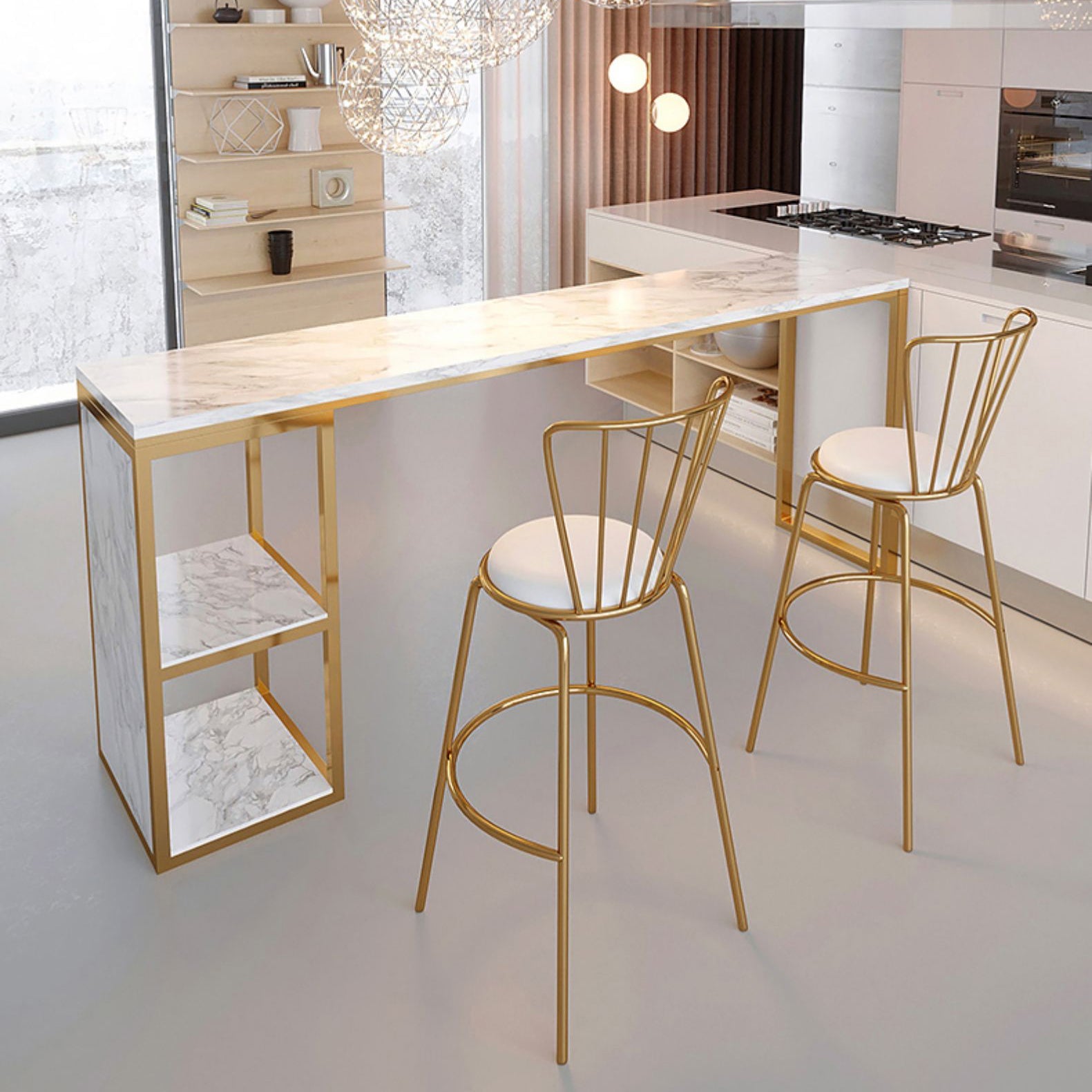 Glam Rectangle Faux Marble Bar Table Double Pedestal Bar Table with 2-Shelf, Only Table Clearhalo 'Bar Furniture' 'Bar Tables' 'bar_tables' 'furn' 'furn_bar_tables' 'Furniture' 'furniture_bar_tables' 'Kitchen & Dining Furniture' 4401517
