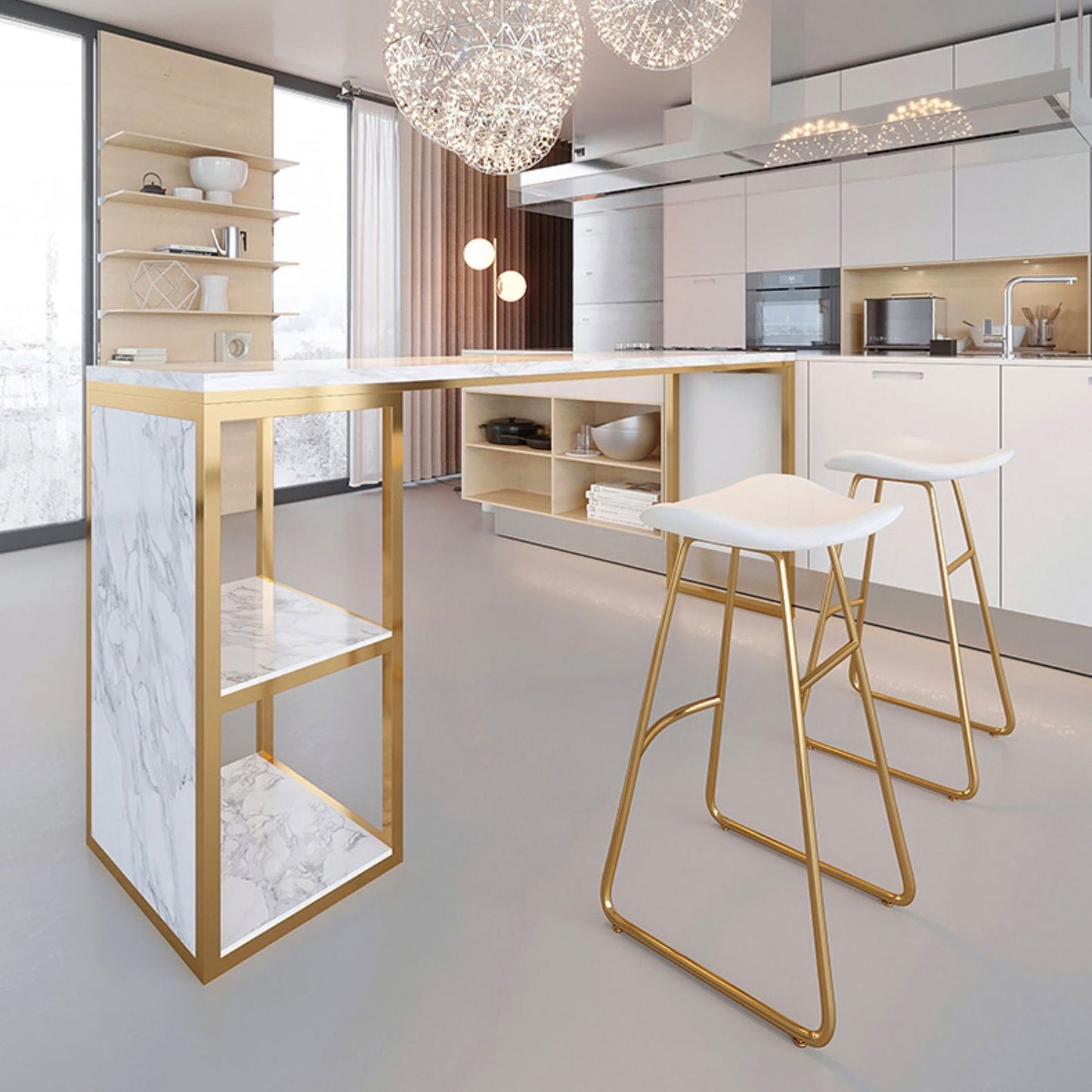 Glam Rectangle Faux Marble Bar Table Double Pedestal Bar Table with 2-Shelf, Only Table Clearhalo 'Bar Furniture' 'Bar Tables' 'bar_tables' 'furn' 'furn_bar_tables' 'Furniture' 'furniture_bar_tables' 'Kitchen & Dining Furniture' 4401520