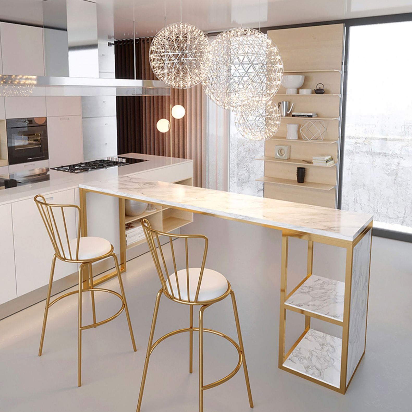 Glam Rectangle Faux Marble Bar Table Double Pedestal Bar Table with 2-Shelf, Only Table Clearhalo 'Bar Furniture' 'Bar Tables' 'bar_tables' 'furn' 'furn_bar_tables' 'Furniture' 'furniture_bar_tables' 'Kitchen & Dining Furniture' 4401521