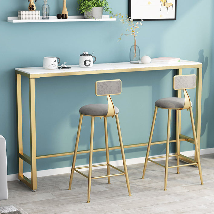 Glam Rectangle Stone Bistro Table Indoor Iron Bar Dining Table with Trestle Pedestal 70.9"L x 15.7"W x 41.3"H Gold Without Chairs Clearhalo 'Bar Furniture' 'Bar Tables' 'bar_tables' 'furn' 'furn_bar_tables' 'Furniture' 'furniture_bar_tables' 'Kitchen & Dining Furniture' 4401529
