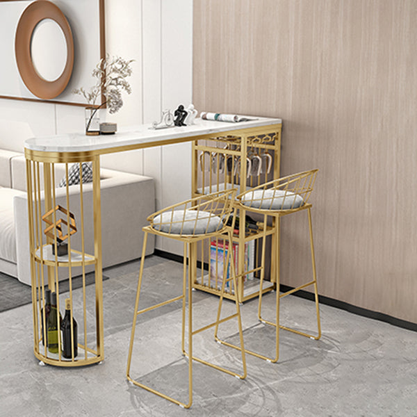 Glam Faux Marble Indoor Pub Bar Table Iron Double Pedestal Bar Dining Table with 5-Shelf 70.9"L x 15.7"W x 41.3"H Gold Without Chairs Clearhalo 'Bar Furniture' 'Bar Tables' 'bar_tables' 'furn' 'furn_bar_tables' 'Furniture' 'furniture_bar_tables' 'Kitchen & Dining Furniture' 4401560