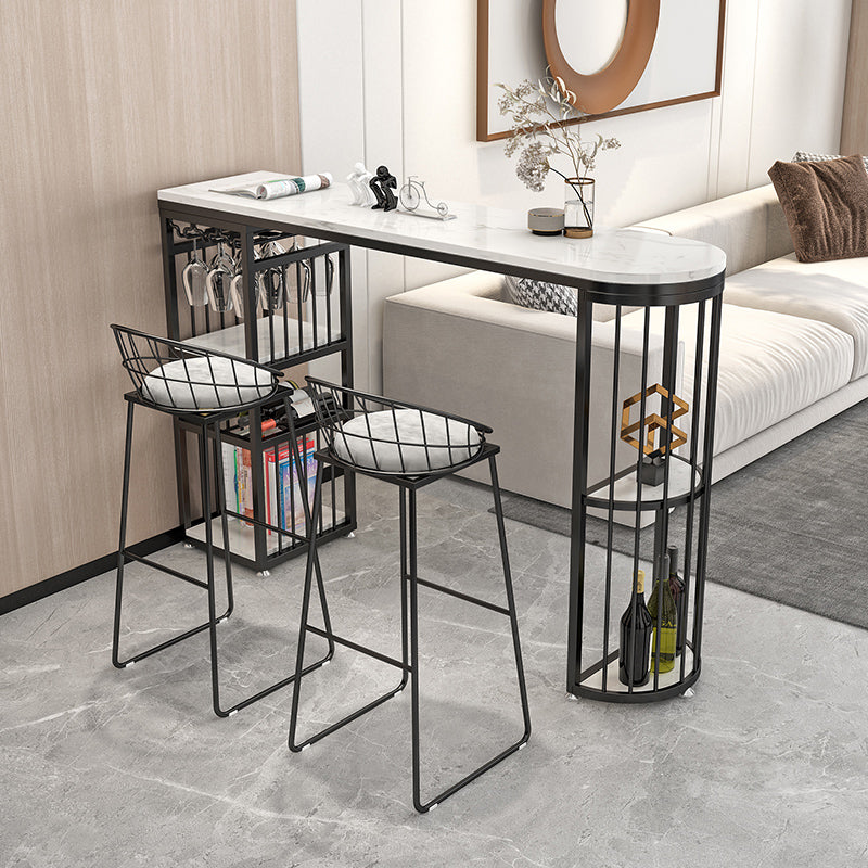 Glam Faux Marble Indoor Pub Bar Table Iron Double Pedestal Bar Dining Table with 5-Shelf Black Without Chairs Clearhalo 'Bar Furniture' 'Bar Tables' 'bar_tables' 'furn' 'furn_bar_tables' 'Furniture' 'furniture_bar_tables' 'Kitchen & Dining Furniture' 4401561