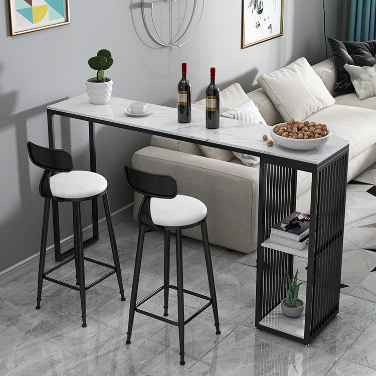 Glam Rectangle Faux Marble Bistro Table Iron Double Pedestal Bar Dining Table with 2-Shelf 55.1"L x 15.7"W x 41.3"H Black Without Chairs Clearhalo 'Bar Furniture' 'Bar Tables' 'bar_tables' 'furn' 'furn_bar_tables' 'Furniture' 'furniture_bar_tables' 'Kitchen & Dining Furniture' 4401585
