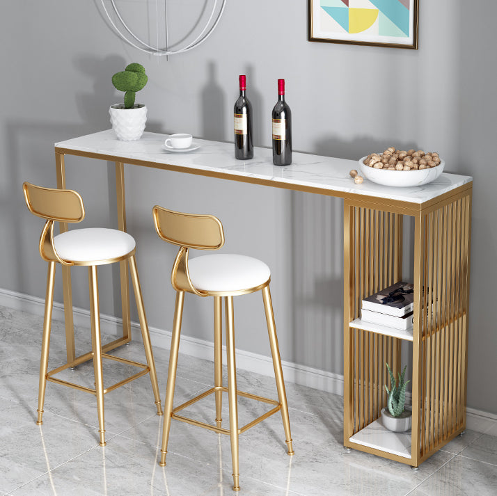 Glam Rectangle Faux Marble Bistro Table Iron Double Pedestal Bar Dining Table with 2-Shelf 47.2"L x 15.7"W x 41.3"H Gold Without Chairs Clearhalo 'Bar Furniture' 'Bar Tables' 'bar_tables' 'furn' 'furn_bar_tables' 'Furniture' 'furniture_bar_tables' 'Kitchen & Dining Furniture' 4401588