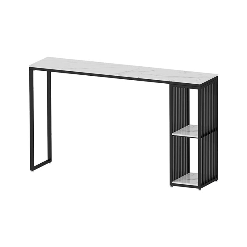 Glam Rectangle Faux Marble Bistro Table Iron Double Pedestal Bar Dining Table with 2-Shelf Black Without Chairs Clearhalo 'Bar Furniture' 'Bar Tables' 'bar_tables' 'furn' 'furn_bar_tables' 'Furniture' 'furniture_bar_tables' 'Kitchen & Dining Furniture' 4401590